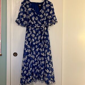 DKNY Blue and White Floral Midi Dress